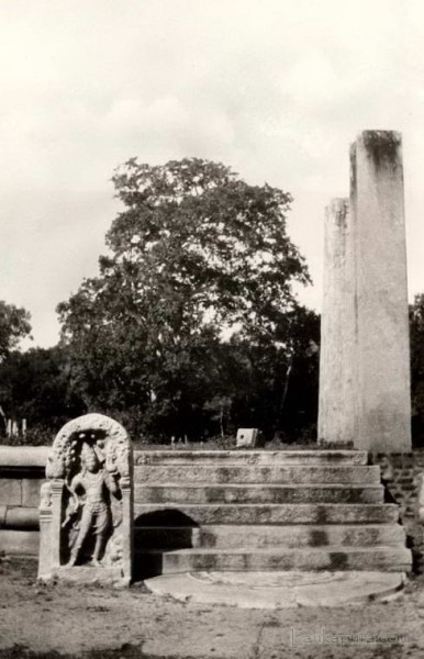 A guard stone part of a ruined Buddhist temple at Anuradhapura, Ceylon 1930-1940